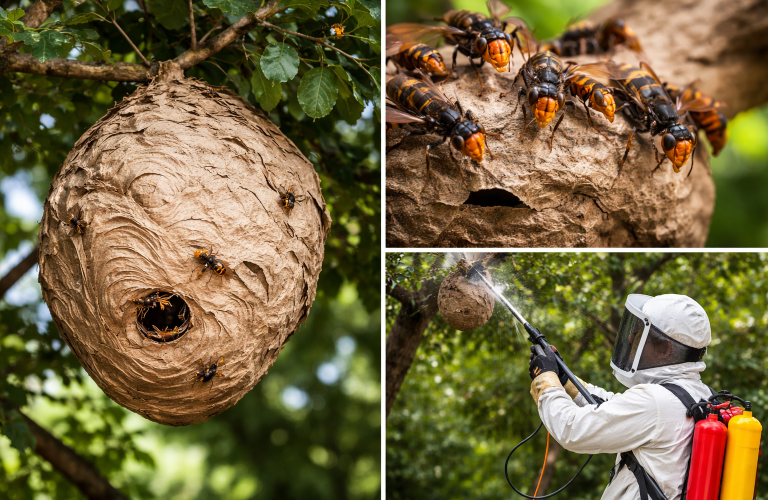Nid de frelon asiatique accroché dans un arbre, dangereux pour les habitants